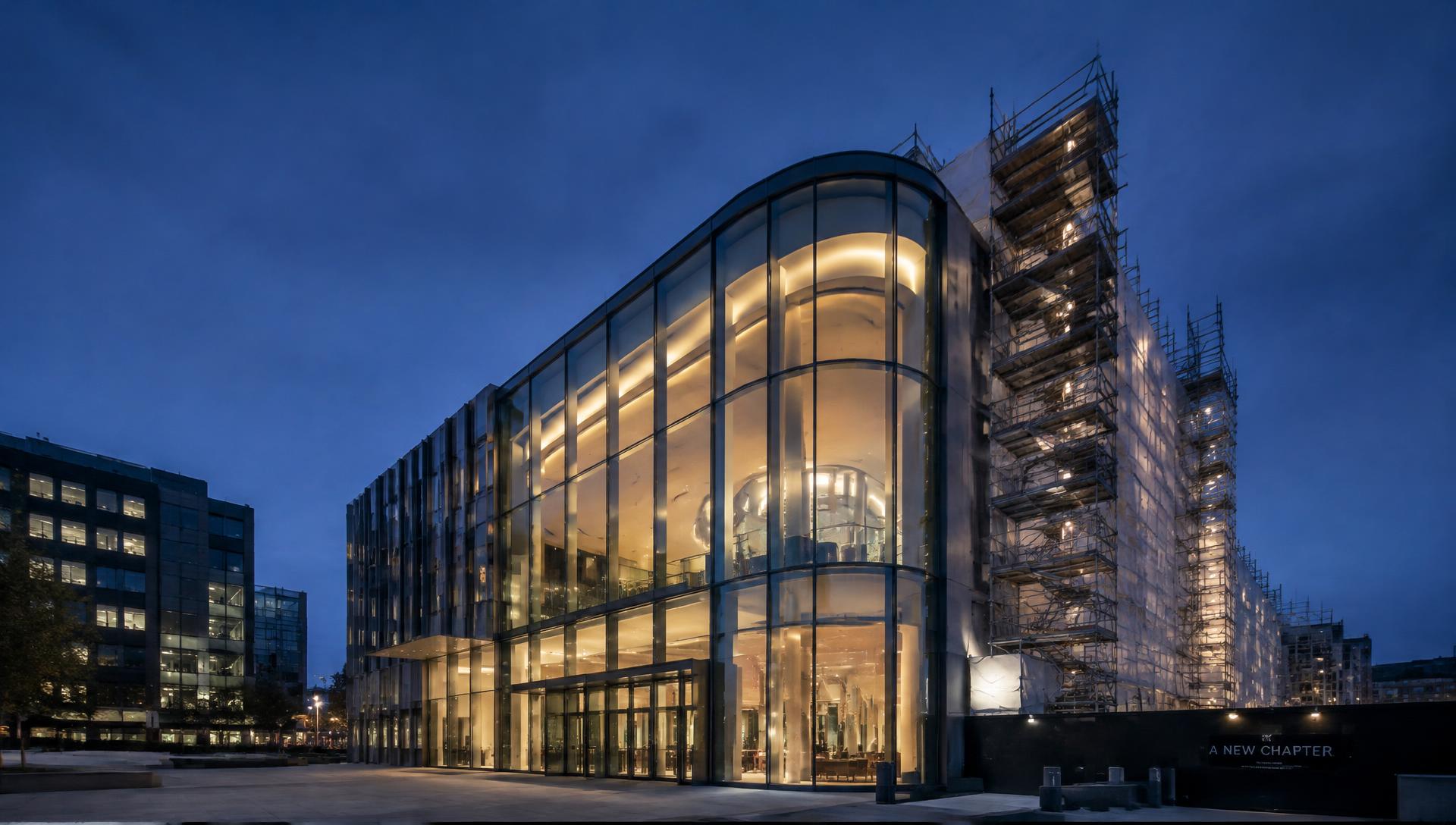 Commercial building renovation at dusk